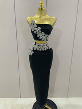 Sexy Strapless Flower Diamonds Black Maxi Long Bandage Two Piece Set 2025 Women Knitted Elegant Evening Club Party Prom Gowns